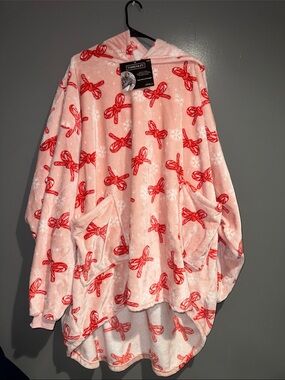 Pink Hooded Poncho with Red Bow Print